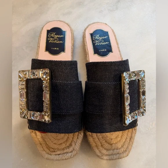 ROGER VIVIER Crystal & Denim Espadrille Slides Women’s Size 36.5 (6.5)
